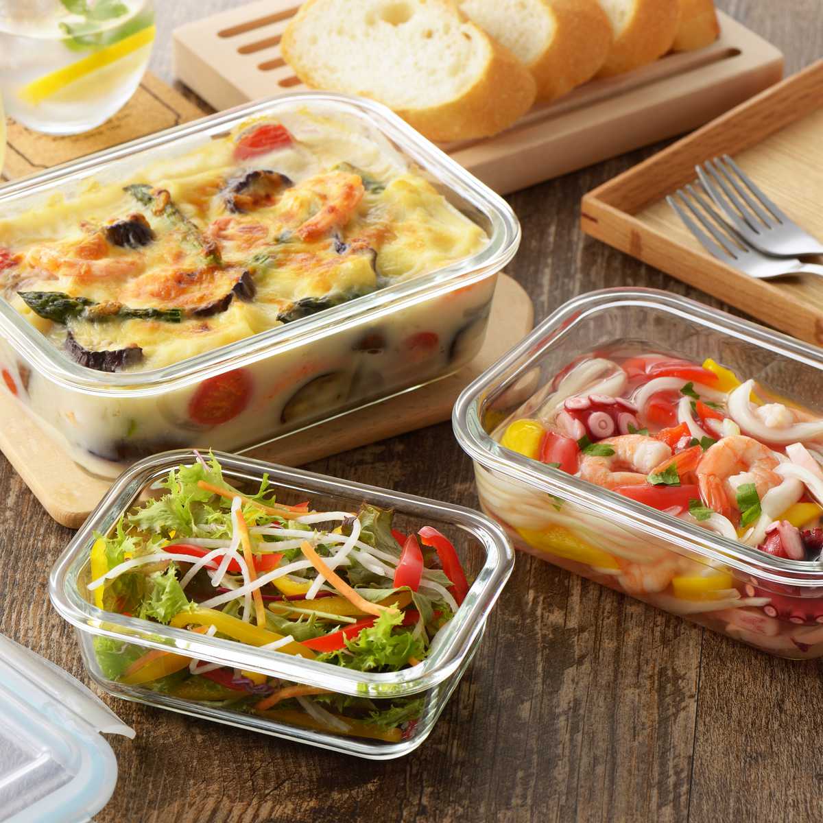 ヨシカワ 保存容器 370ml グラスコンテナ 4点ロック式ガラス保存容器