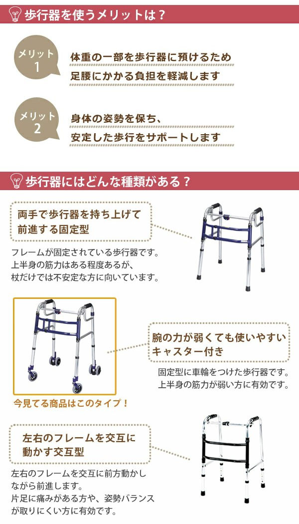 歩行器 アルミ製 前輪360度回転キャスター付 伸縮 固定型 スライド