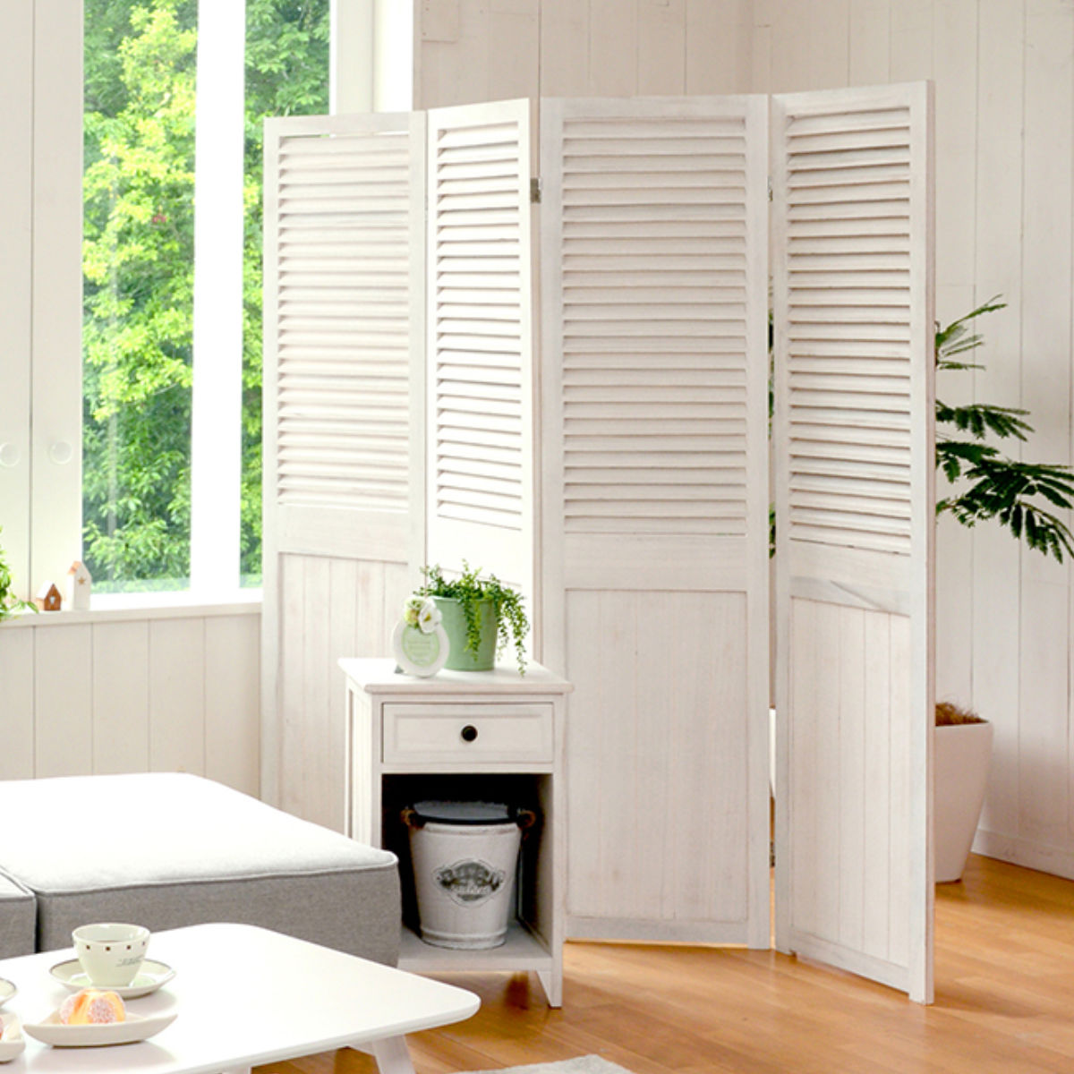 HAGiHARA（萩原） パーテーション 4連 衝立 ルーバー風 天然木