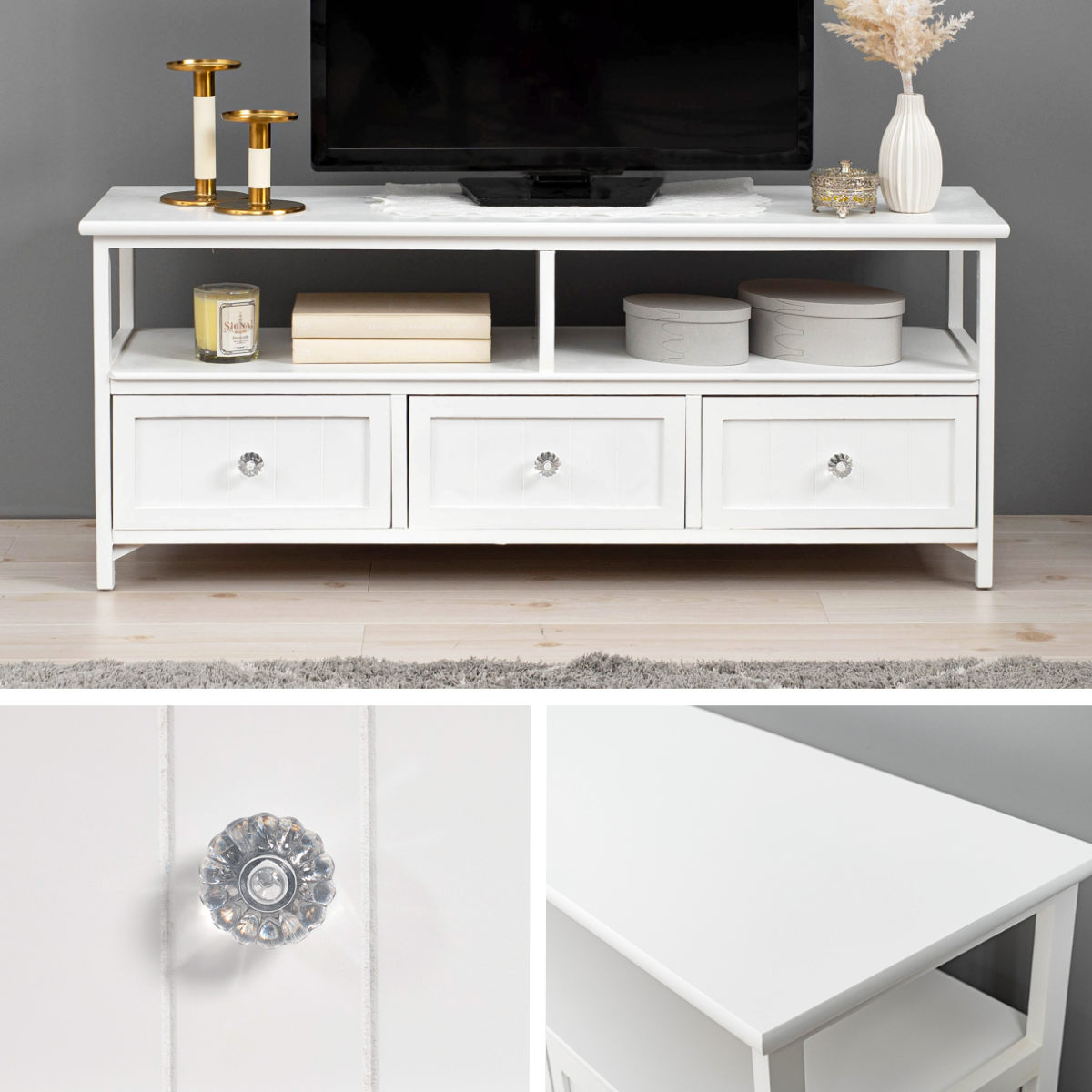 テレビ台 ローボード シャビー調 クリスタル調取っ手 幅100cm （ 完成