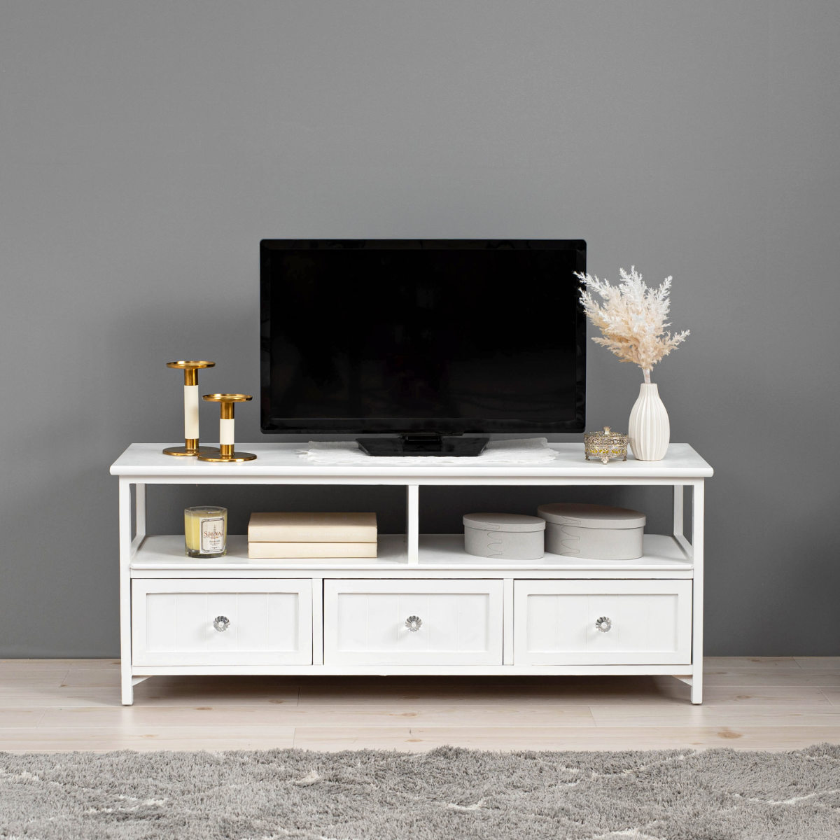 テレビ台 ローボード シャビー調 クリスタル調取っ手 幅100cm （ 完成