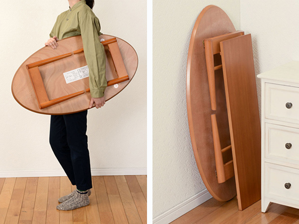 ローテーブル オーバル型 折れ脚テーブル 棚付 幅90cm （ 完成品 天然