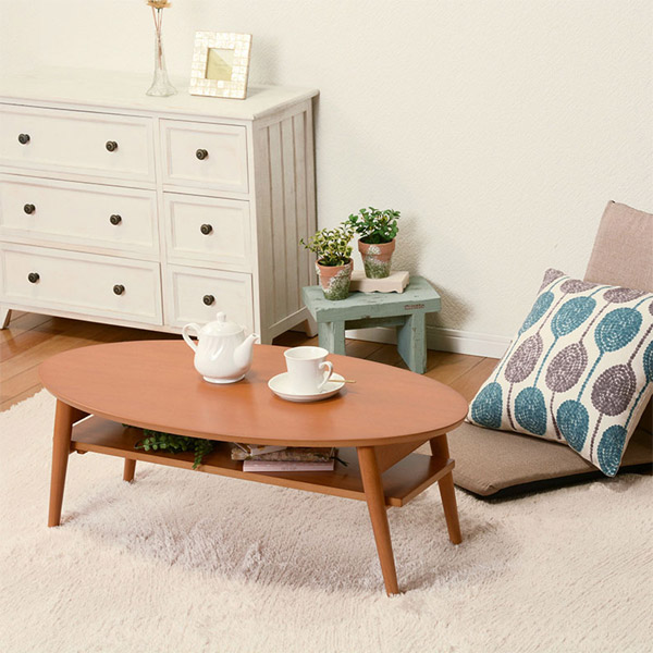 ローテーブル オーバル型 折れ脚テーブル 棚付 幅90cm （ 完成品 天然