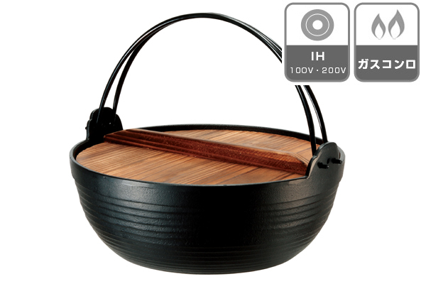 池永鉄工 囲炉裏鍋 南部鉄 割烹 丸鍋 30cm 木蓋付き IH対応 （ ガス火