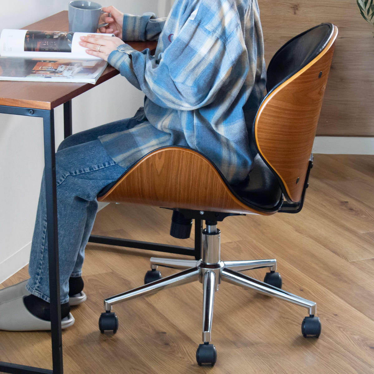 オフィスチェア 座面高42.5〜50.5cm 回転 昇降式 レザー調 ミッド