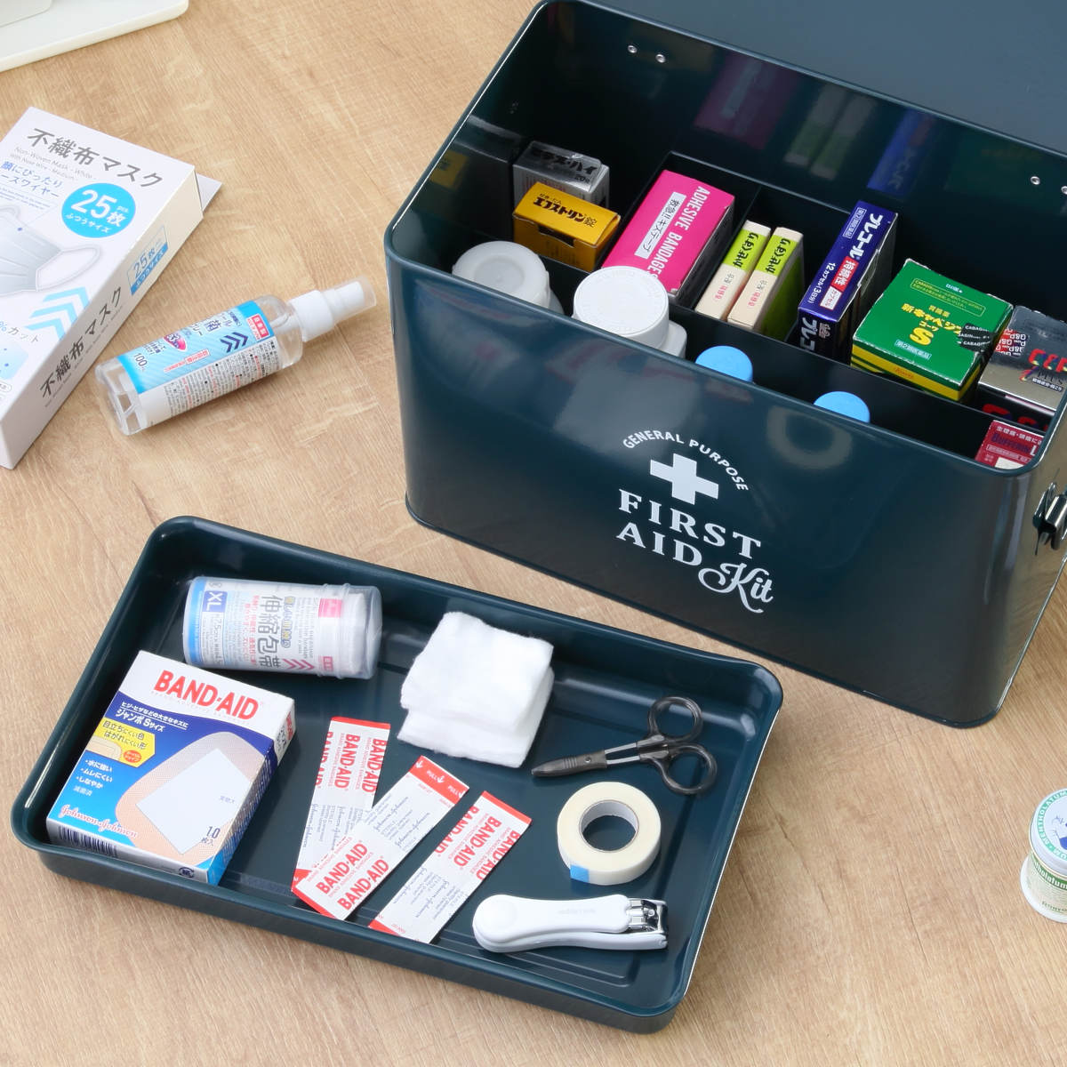 救急箱 ファーストエイドボックス Lサイズ 仕切り付き （ 薬箱 2段 缶