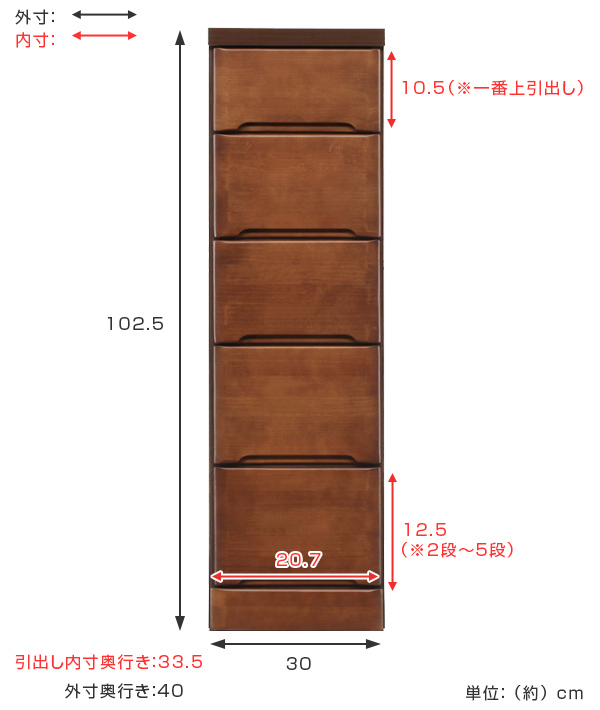 スリムチェスト 5段 すき間収納 引き出し 木製 幅30cm （ タンス