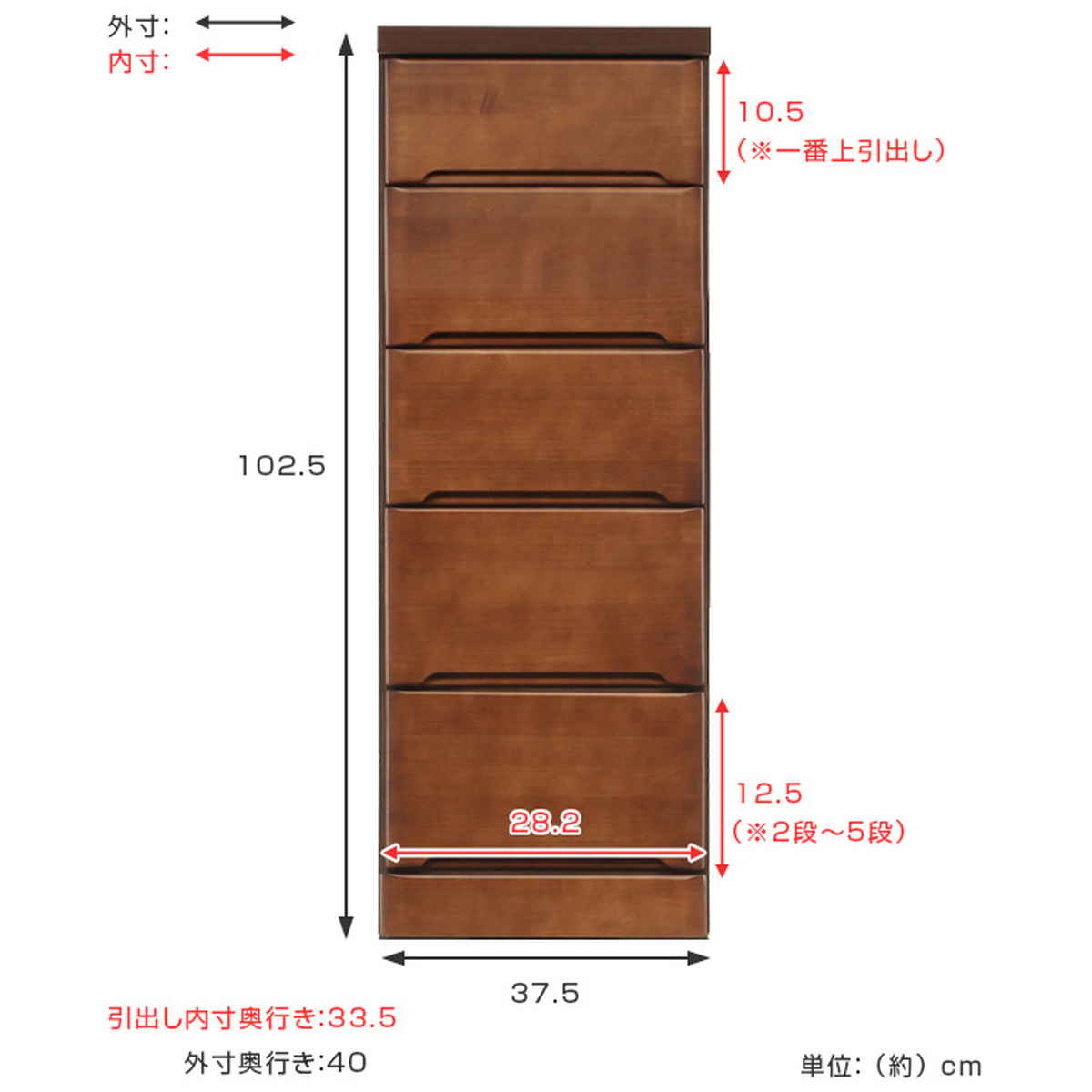 スリムチェスト 5段 すき間収納 引き出し 木製 幅37.5cm （ タンス