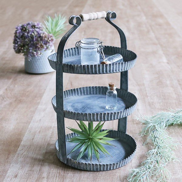 トレイ 2段 ラック ハンドル付き ブリキ ラウンド ガーデン