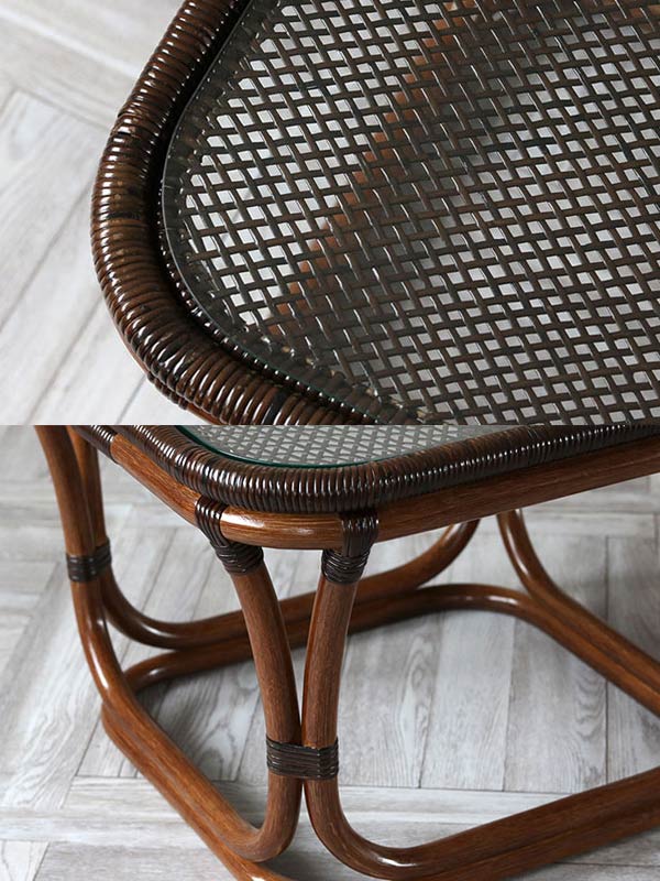 値下げ　ラタン製　ガラス天板　座卓 籐 ラタンテーブル ガラス天板 WAHOO 角型 （ センターテーブル ロー