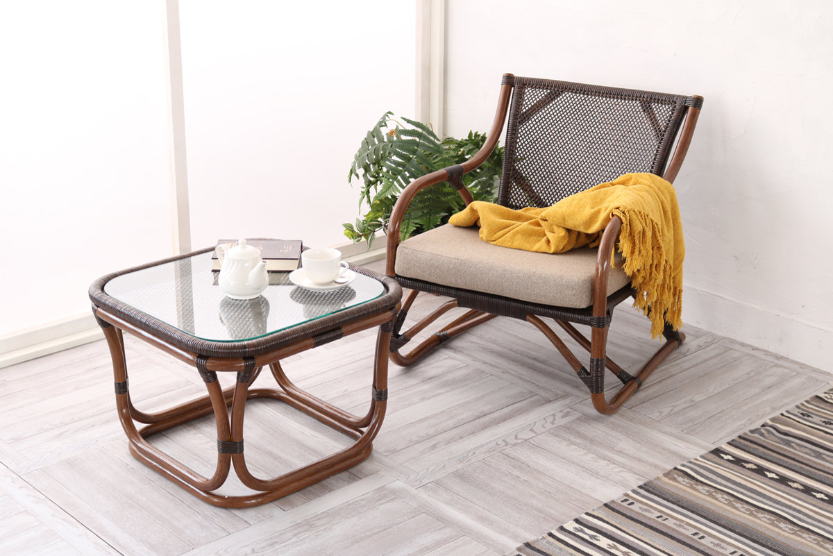 ラタンのテーブル ガラス天板 直径81cm ガラス直径73cm 高さ50cm 籐 ラタンテーブル ガラス天板 WAHOO 角型 （ センターテーブル ロー