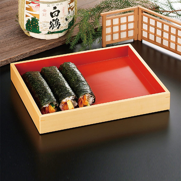 盆 木製 尺2 斜め底 惣菓盆 白木内朱 バット トレイ 盛皿 （ トレー 器