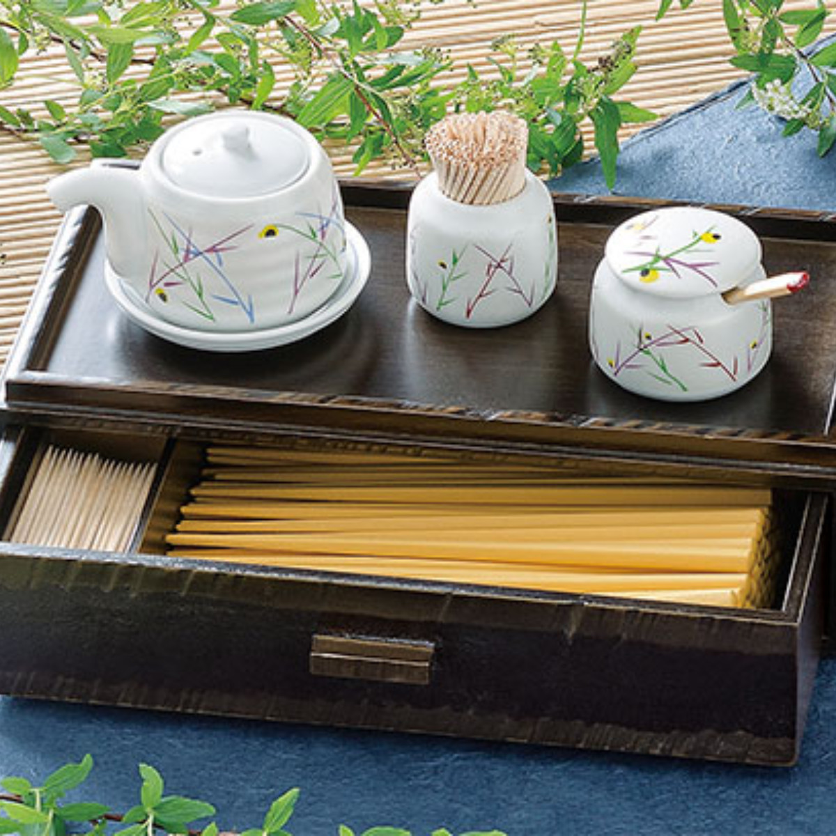 福井クラフト 箸箱 木製 荒彫 カスター 引き出しタイプ よもぎ塗 楊枝