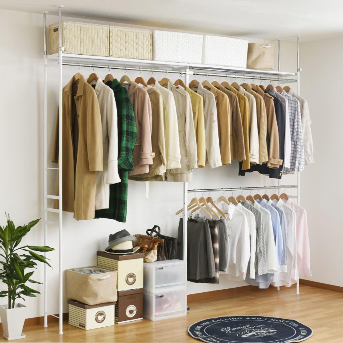 突っ張り ハンガーラック ハイタイプ ワイド 幅111〜200cm 奥行30cm