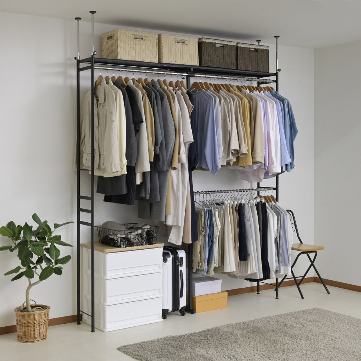 突っ張り ハンガーラック ハイタイプ ワイド 幅111〜200cm 奥行30cm