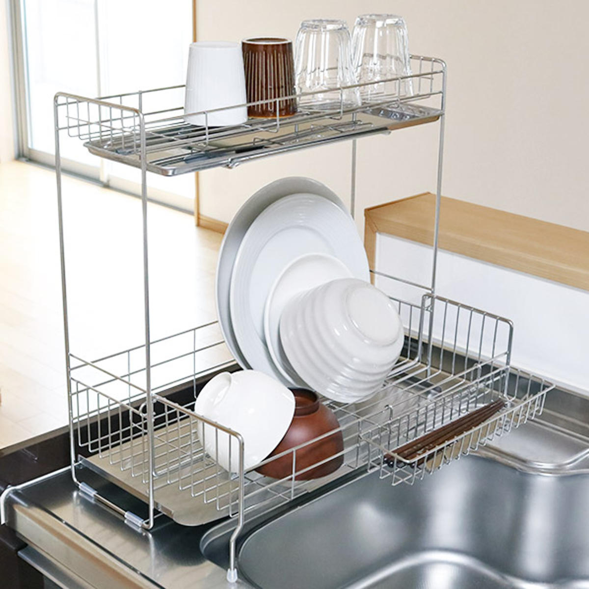 ヨシカワ 水切りラック シンクサイド 幅の広がる2段水切り 幅15cm×奥行