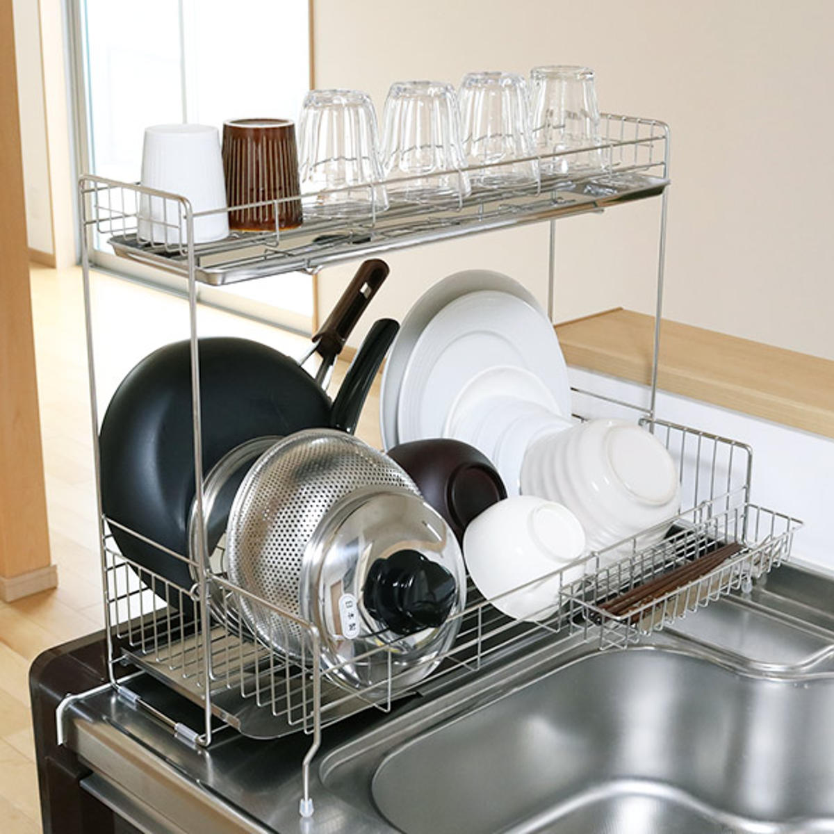 ヨシカワ 水切りラック シンクサイド 幅の広がる2段水切り 幅15cm×奥行