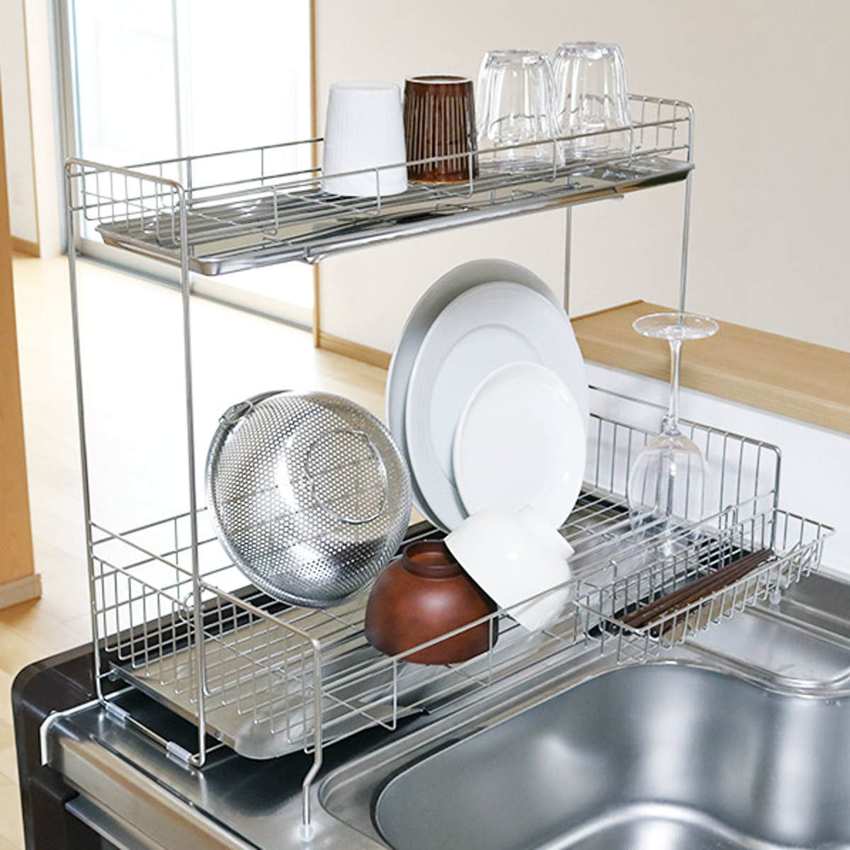 ヨシカワ 水切りラック シンクサイド 幅の広がる2段水切り 幅15cm×奥行