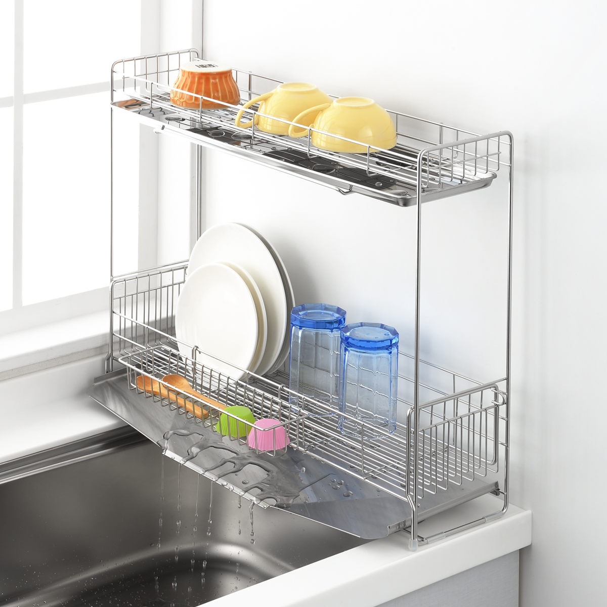 ヨシカワ 水切りラック シンクサイド 幅の広がる2段水切り 幅15cm×奥行