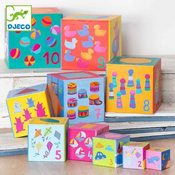 スタッキングトイ ファニー キューブブロック 10個 幼児 知育玩具 おもちゃ ジェコ （ DJECO スタックキューブ 入れ子 絵合わせ ）