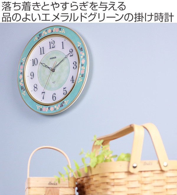 掛け時計 30.6cm 木工象嵌 グリーンローズ 象嵌細工 （ アナログ 時計