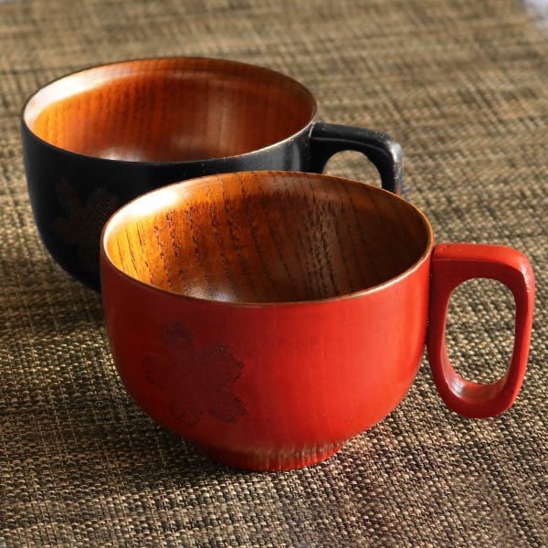 スープカップ 木製 250ml 漆 桜 天然木 持ち手付き 食器 朱