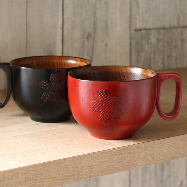 スープカップ 木製 250ml 漆 桜 天然木 持ち手付き 食器 朱