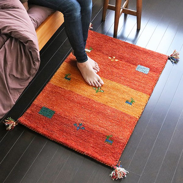 90×60 GABBEH ギャッベ ラグ 刺繍ラグ ギャッベ絨毯 オレンジ ラグ 玄関マット 室内 60×90cm 手織り ギャッベ インテリアマット D16