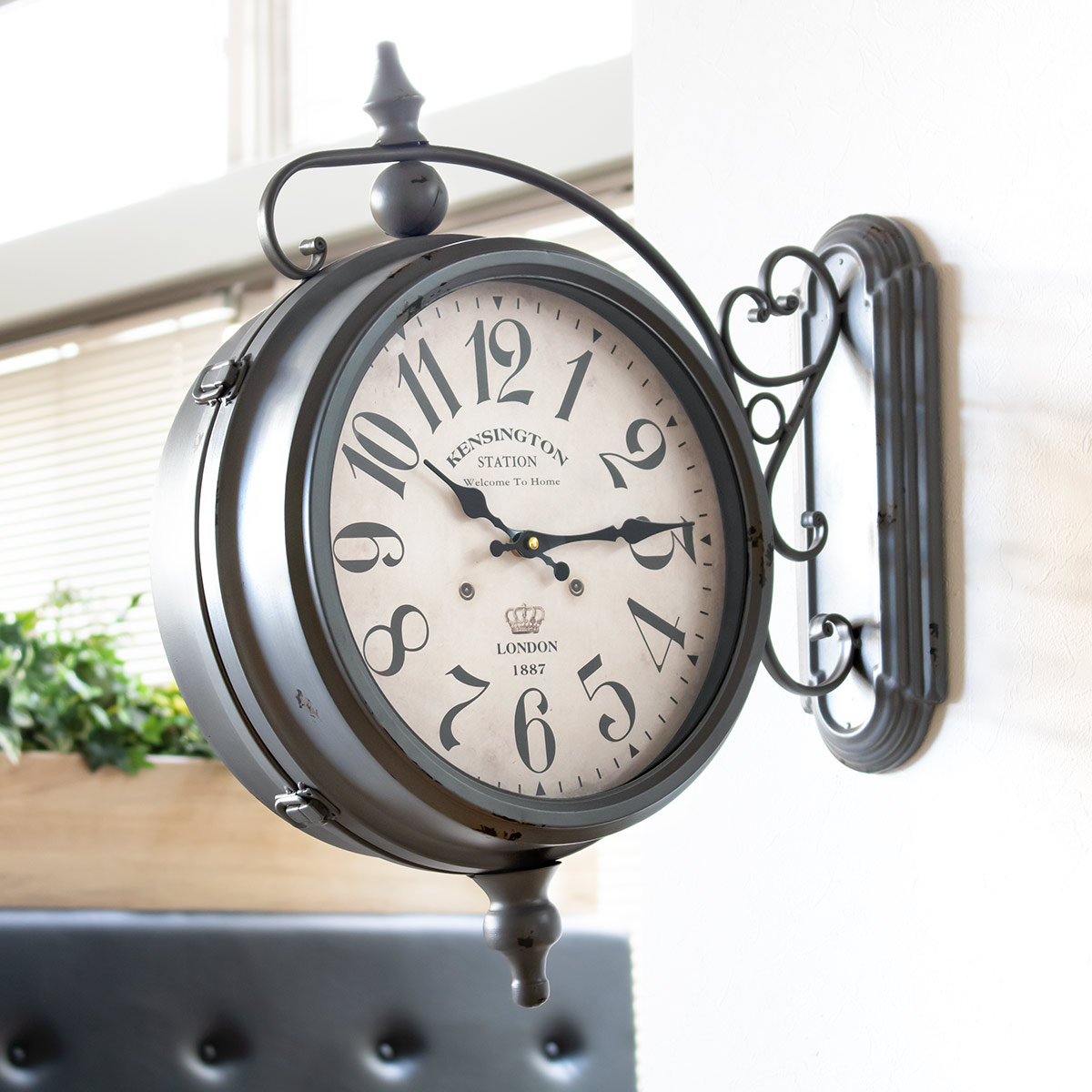 掛け時計 ウォールクロック アンティーク 両面 グレー 幅52cm