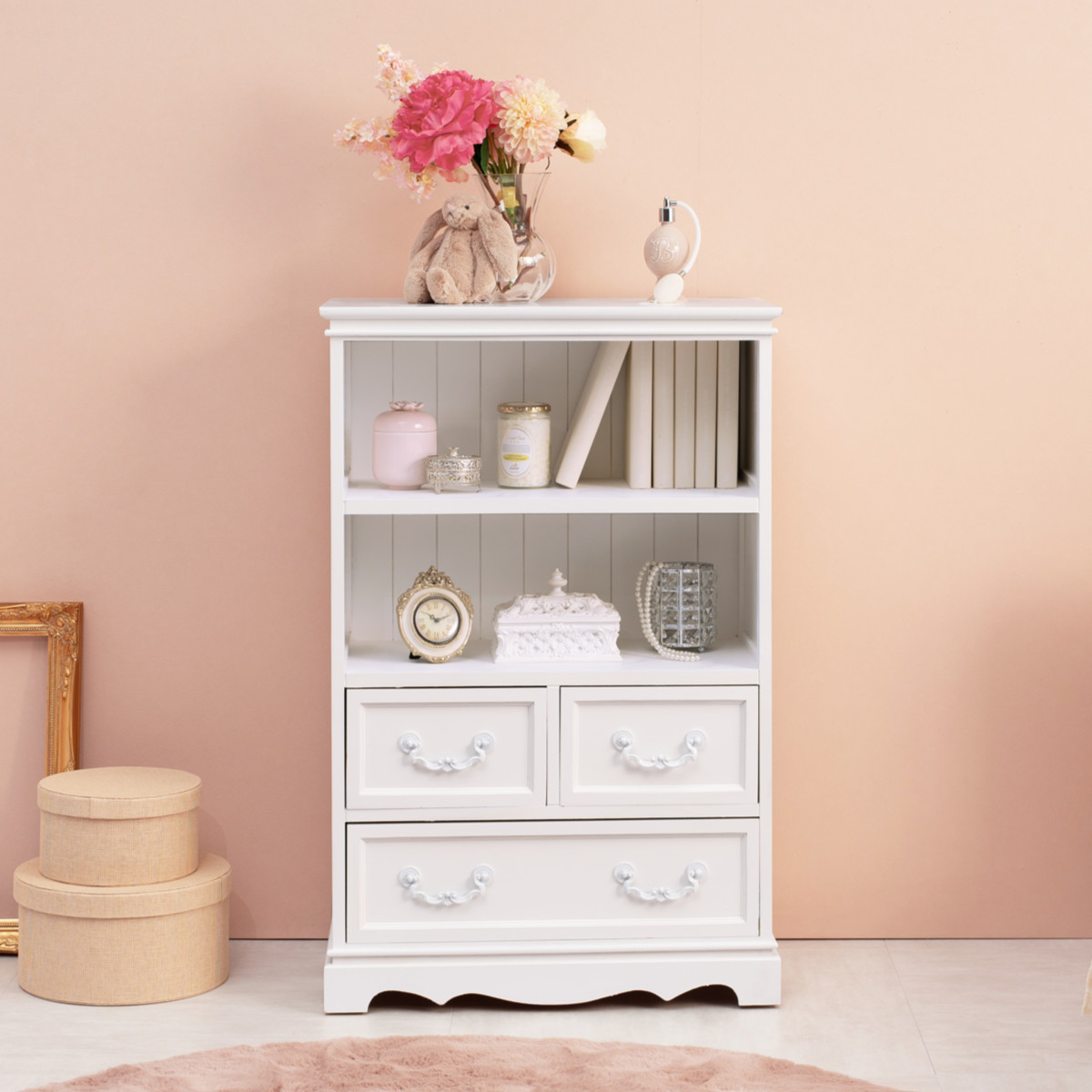 キャビネット 引出し付 木製 カントリー調 シャビーウッド 幅60cm