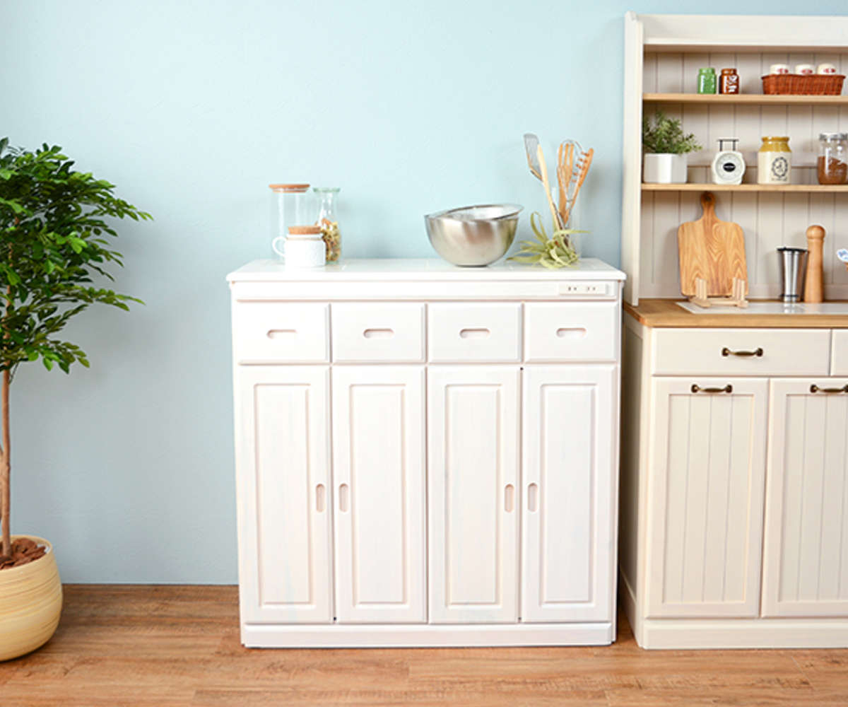 キッチンカウンター ハイタイプ 天然木 タイル天板 キャスター付 幅