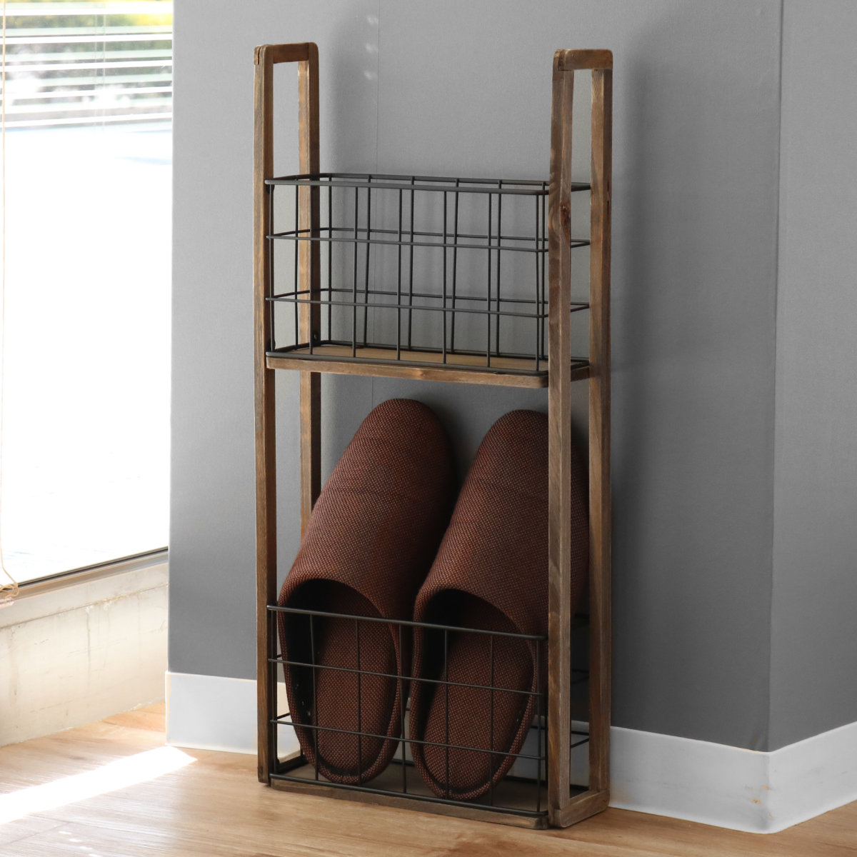 ちどり産業 スリッパラック スリム 木製 杉 バスケット アンティーク調