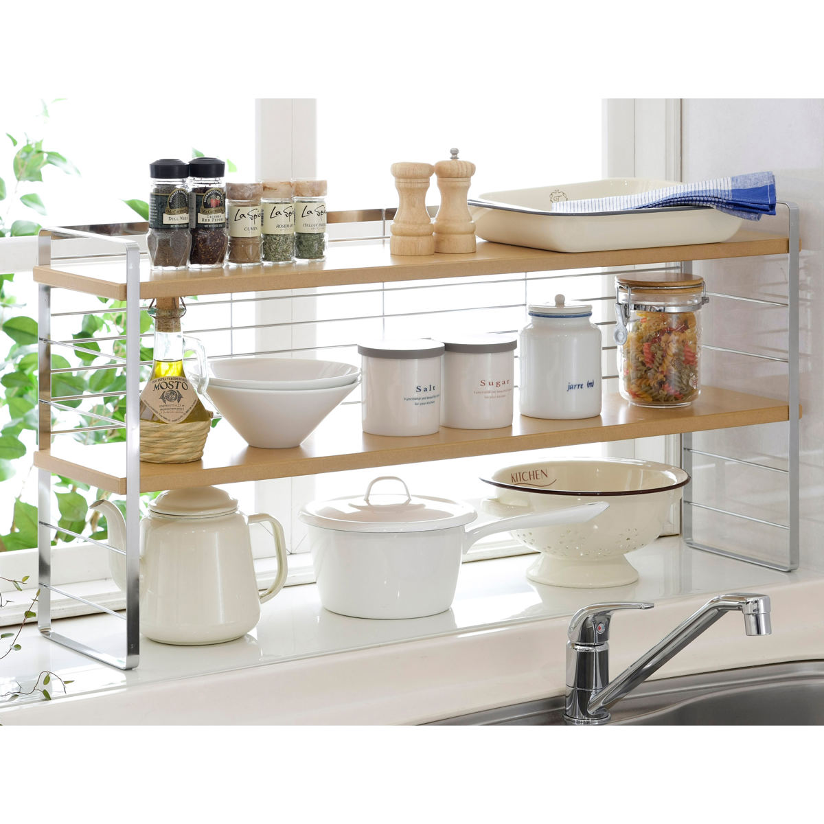 下村企販 調味料ラック 幅90cm 木棚 出窓シェルフ （ スパイスラック