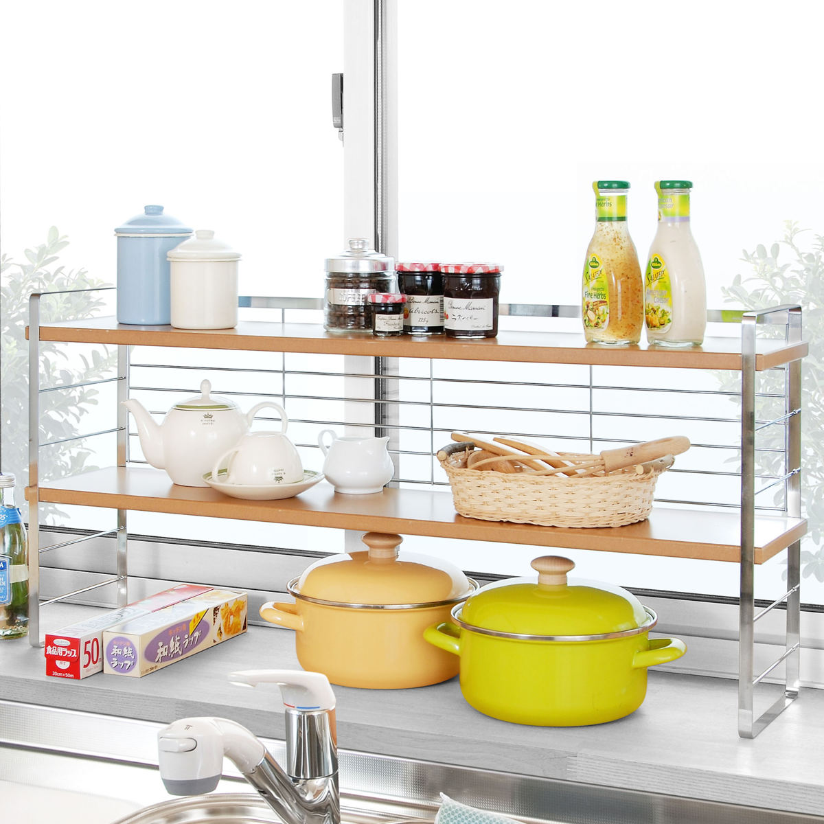 木棚出窓シェルフ キッチンラック　新品未使用 下村企販 調味料ラック 幅90cm 木棚 出窓シェルフ （ スパイスラック