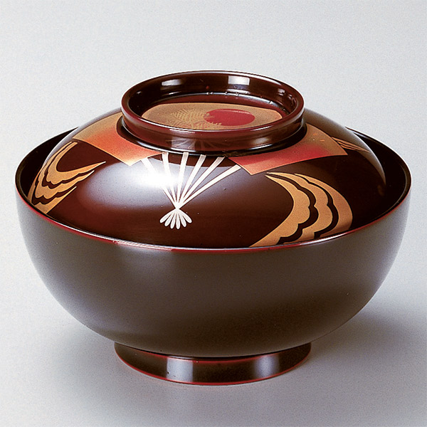 時代木製漆器　紅葉波に扇子見返し蒔絵　吸物椀　汁椀　懐石道具　6客揃　大正時代 吸い物椀 煮物椀 木製 新仙才椀 溜扇面 本漆塗 手描き磨蒔絵 お椀 食器