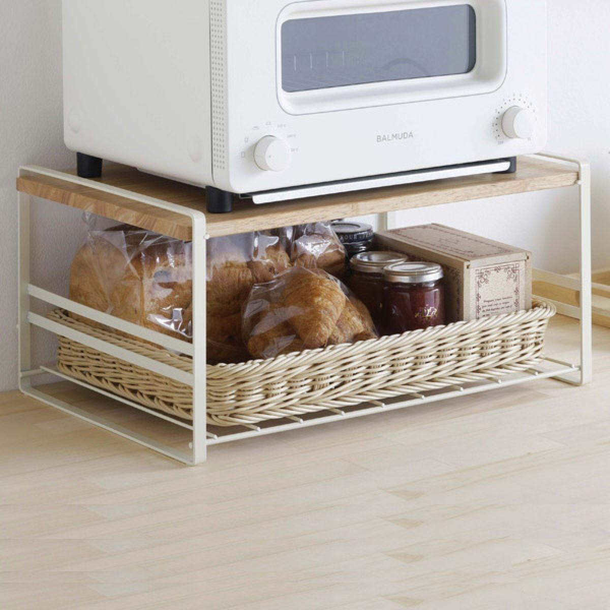 キッチンラック 木棚トースターラック　BR 下村企販 キッチンラック 木棚トースターラック （ バスケット付き