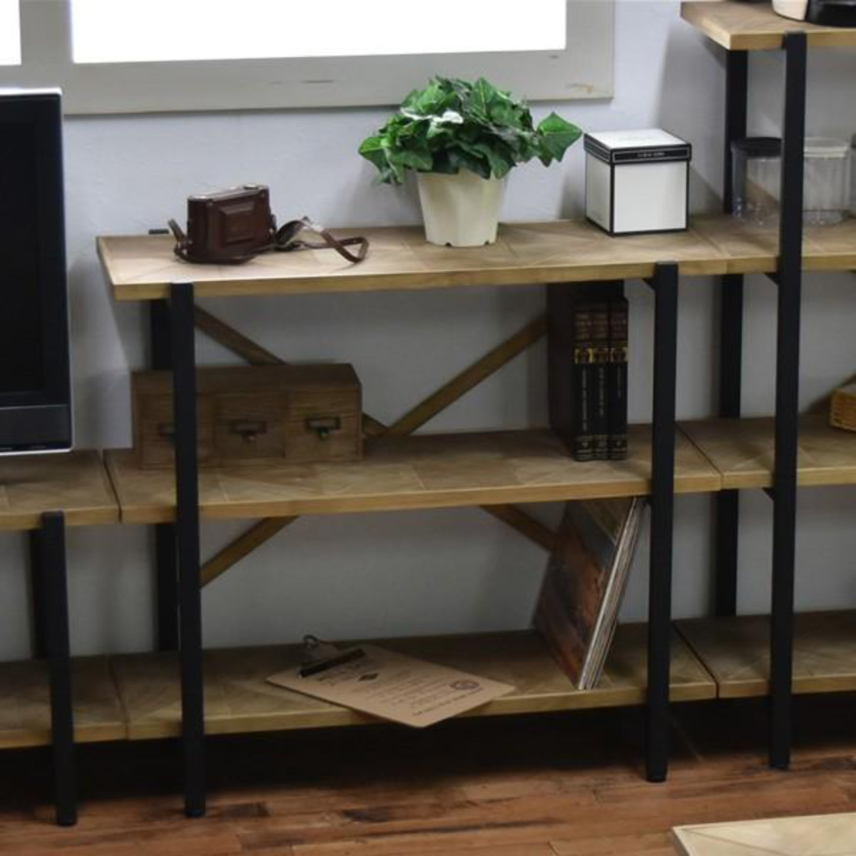 オープンラック 幅90cm 3段 組木 古材風 KALEIDO （ 本棚 収納棚 収納