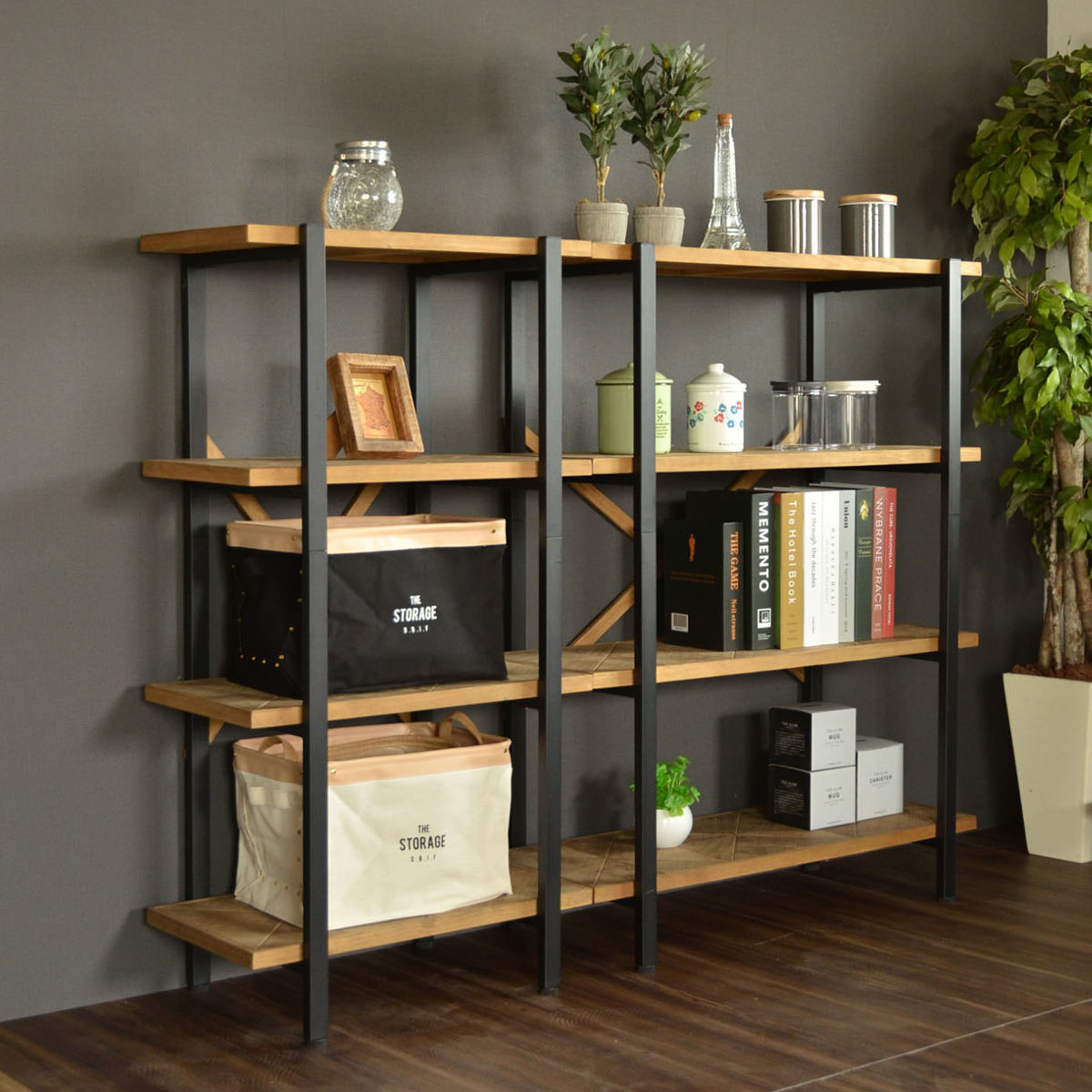 オープンラック 幅61cm 4段 組木 古材風 KALEIDO （ 本棚 収納棚 収納