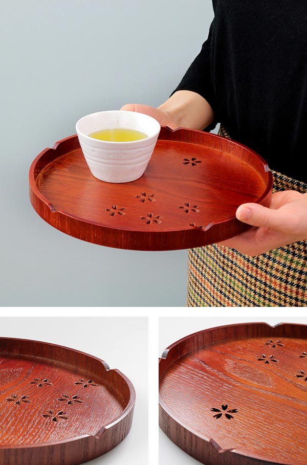 お盆 24cm トレー 丸盆 （ 木製 トレイ 丸型 透かし彫り ウッド