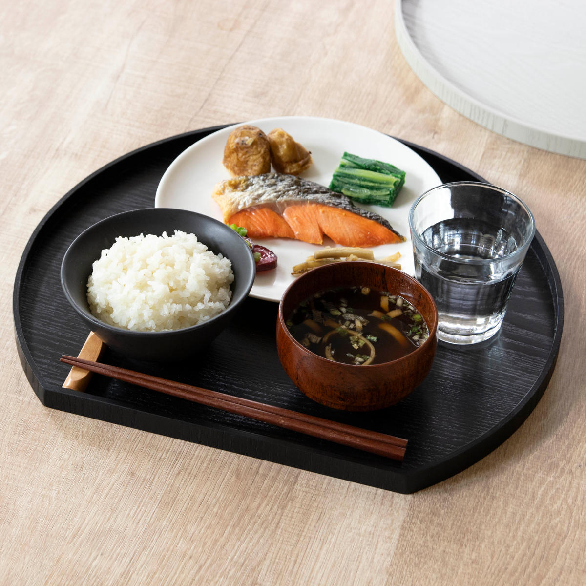 木製トレー　半月盆　和風　5枚セット 特典付き お盆 36cm トレー 半月膳 半月盆 木製 同色5枚セット