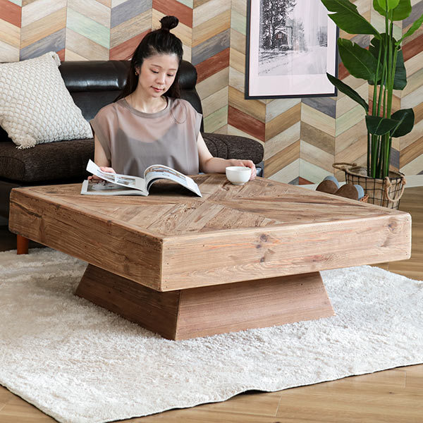 ローテーブル 幅100cm 木製 天然木 古材 正方形 ヴィンテージ調 ヘリンボーン テーブル （ センターテーブル リビングテーブル 机 パイン材  大型 ）