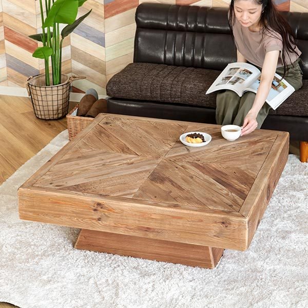 ローテーブル 幅 木製 天然木 古材 正方形 ヴィンテージ調