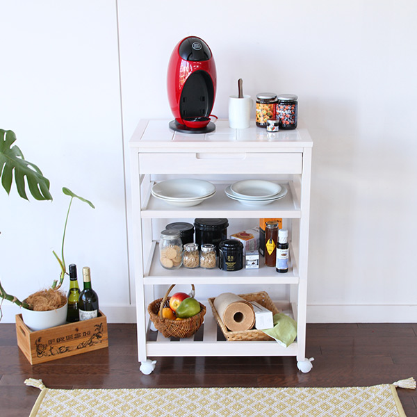 キッチンワゴン 4段 木製 引出し付 タイル天板 SOUP 幅60cm