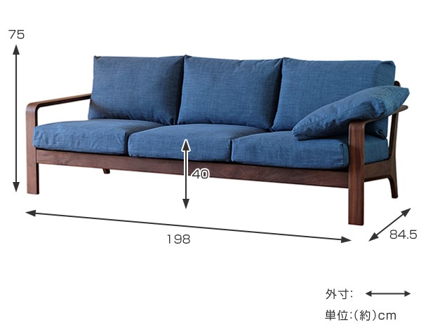 ソファ 3人掛け 北欧風 モダン ウォールナット 天然木 A TEMPO 幅198cm 