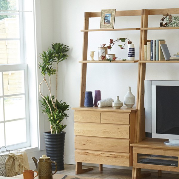 チェスト 4段 ラック付 北欧風 天然木 オーク無垢材 幅75cm