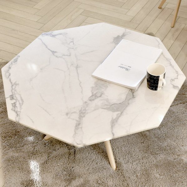 ローテーブル 八角形 大理石調天板 天然木フレーム モダンデザイン
