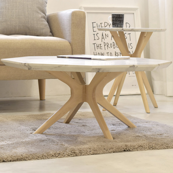 ローテーブル 八角形 大理石調天板 天然木フレーム モダンデザイン