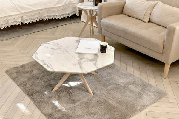 ローテーブル 八角形 大理石調天板 天然木フレーム モダンデザイン