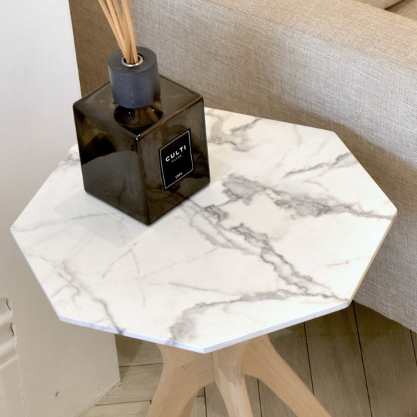 サイドテーブル 八角形 大理石調棚 天然木フレーム モダンデザイン