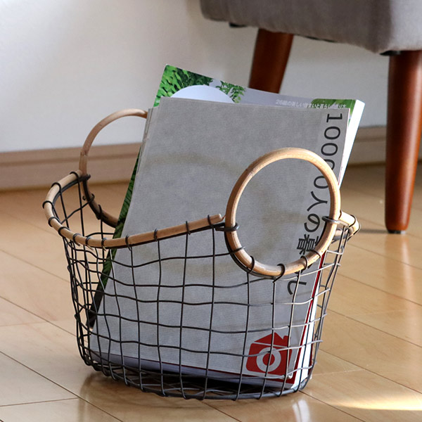 ちどり産業 ワイヤーバスケット 籐のカゴ 幅35×奥行26×高さ14cm